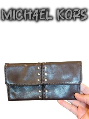 Vintage Michael Kors Dark Brown Leather Studded Continental Wallet
